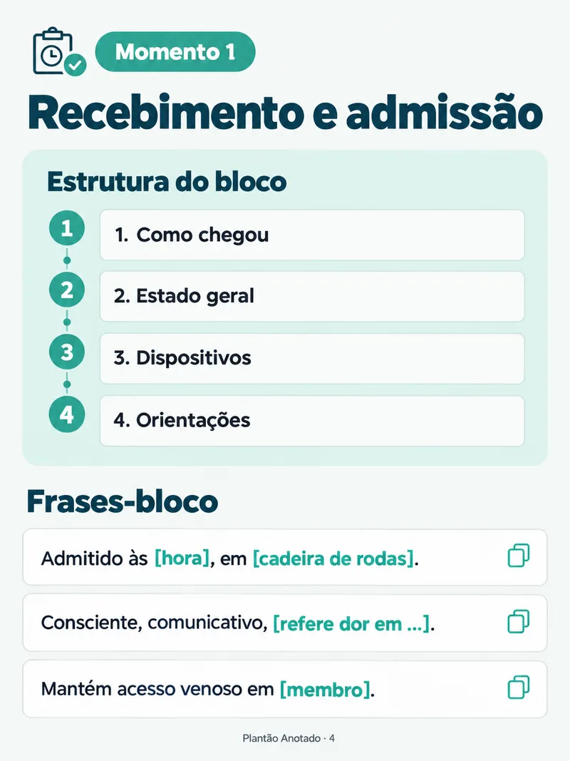 Card Recebimento e admissão com a estrutura do bloco e as frases-bloco
