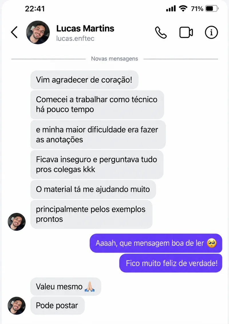 Depoimento de técnico que ganhou segurança com os exemplos prontos